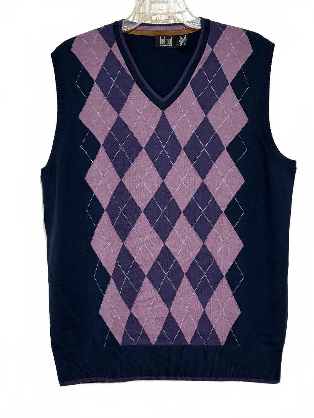 Belford Men's XL Argyle Sweater Vest Navy Purple 100% Extra Fine Merino Wool